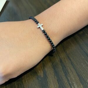 David Yurman black ónix spiritual beads silver cross station bracelet, 4mm.